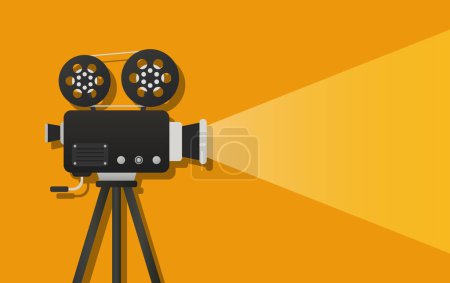 Illustration for Turned on movie camera on a yellow background illustration. Video, shooting, photo, lens, director, action movie, cameraman. Vector icon for business and advertising - Royalty Free Image