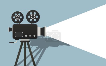 Illustration for Turned on movie camera with shadow illustration. Video, shooting, photo, lens, director, action movie, cameraman. Vector icon for business and advertising - Royalty Free Image