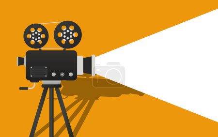 Illustration for Turned on movie camera with shadow on a yellow background illustration. Video, shooting, photo, lens, director, action movie, cameraman. Vector icon for business and advertising - Royalty Free Image