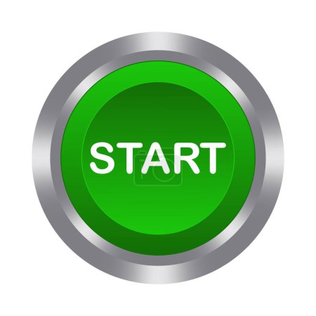 Start grüner Knopf mit Metallfuß. Drücken, drücken, kontrollieren, manipulieren, Schlüssel, Knopf. Starter, Beginn, Einsetzen, Öffnen, Starten, Starten des Programms, Einschalten, Schalter, Aktivieren, Stecken, Installieren, Kontakt
