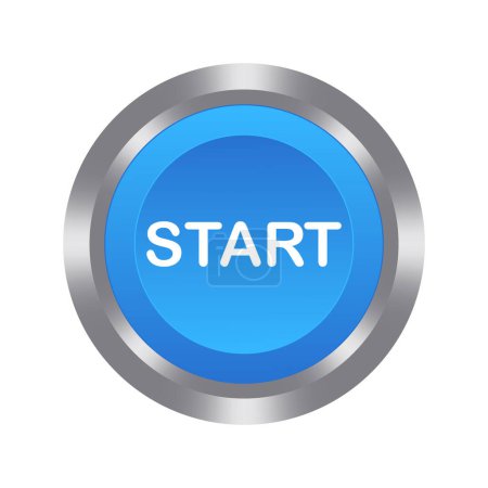Start blue button with metal base. Push, press, control, manipulation, key, knob. Starter, beginning, onset, opening, launch, run the program, turn on, switch, activate, plug in, install, contact