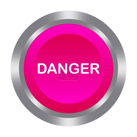 Danger pink button with metal base. Push, press, control, manipulation, key, knob. Caution, dangerous, warning, no entry, emergency situation, accident, save, alarm air raid alert. Vector illustration