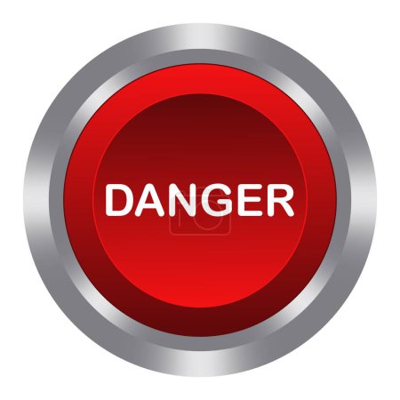 Danger red button with metal base. Push, press, control, manipulation, key, knob. Caution, dangerous, warning, no entry, emergency situation, accident, save, alarm air raid alert. Vector illustration