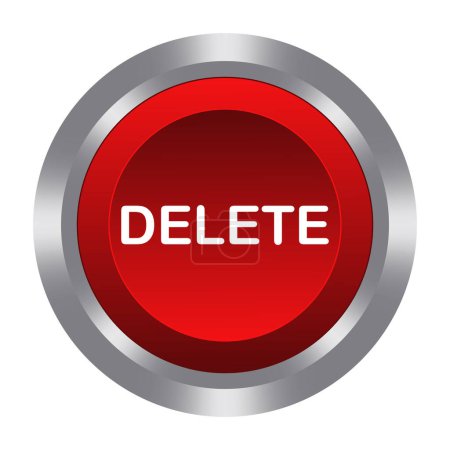 Delete red button with metal base. Push, press, control, manipulation, key, knob. Remove, clean out, clear, removal, withdrawal, resection, free space, get rid of, liquidate. Vector illustration