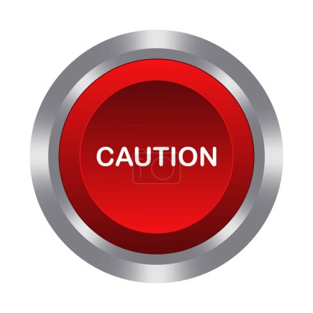 Caution red button with metal base. Push, press, control, manipulation, key, knob. Danger, dangerous, warning, no entry, emergency situation, accident, save, alarm air raid alert. Vector illustration