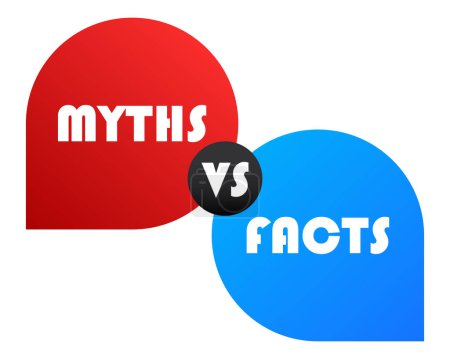 Myths vs Facts banner in red and blue speech bubbles. Balloon, business, advertising, announcement, promotion, logo design. Place your text. True False, confirmation, denial. Vector illustration