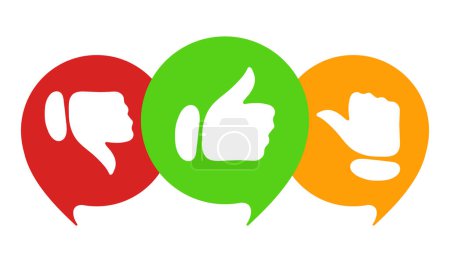 Like, dislike and average opinion. Hands, gestures in red, green and yellow speech bubbles. Feedback, social media, comment, contact us, share, review. Vector illustration