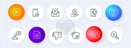 Cancel icon set. Cross, smartphone, mail, message, monitor, button, file, shield, thumbs down. Neomorphism style. Vector line icon for business and advertising