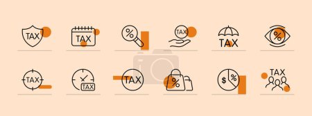 Taxes icon set. Loan, interest rate, sight, tax evasion, pie chart, bank. Pastel color background. Vector line icon for business and advertising