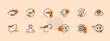 Virtual reality icon set. Horizons, games, VR 360 helmet, scrolling, inspection. Pastel color background. Vector line icon for business and advertising