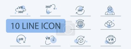 Virtual reality icon set. Horizons, games, VR 360 helmet, scrolling, inspection. 10 line icon style. Vector line icon for business and advertising