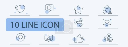 Message icon set. Communications, emoji, heart, phone book, share, star. 10 line icon style. Vector line icon for business and advertising