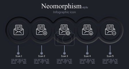 Message icon set. Envelope, cross, text, letter, gear, download, minus. Neomorphism style. Vector line icon for business and advertising