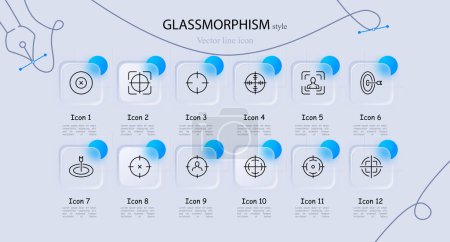 Illustration for Sight icon set. Target, front sight, sniper, aim, optics, gun, shot, shooting, trigger, butt, bullet, rifle, pistol. Glassmorphism style. Vector line icon for business and advertising - Royalty Free Image