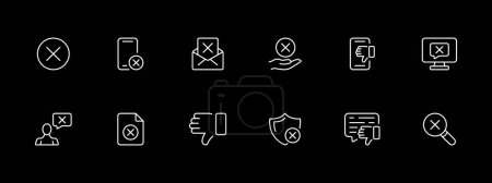 Cancel icon set. Message, thumbs down, magnifying glass, prohibition, smartphone, parental control. White line icon on black background. Vector line icon for business and advertising