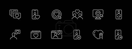 Dating site icon set. Match, like, smartphone, heart, Valentine's Day, swipe. White line icon on black background. Vector line icon for business and advertising