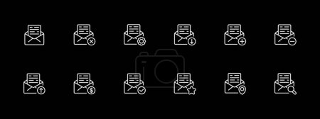 Illustration for Messages icon set. Mail, text, cross, tick, GPS, delivery, postal, money, dollar. White line icon on black background. Vector line icon for business and advertising - Royalty Free Image