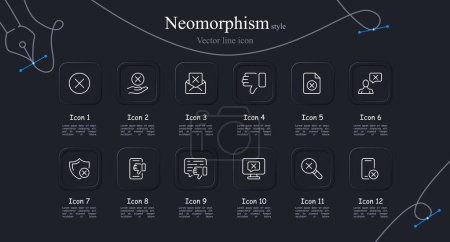 Cancel icon set. Thumbs down, file, cross, shield, magnifying glass, search. Neomorphism style. Vector line icon for business and advertising