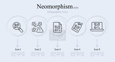 Quar code line icon set. Scanner, magnifying glass, tag, laptop, smartphone, box, mail, message, online purchase. Neomorphism style. Vector line icon for Business