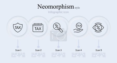 Taxes line icon set. Money, finance, magnifying glass, eye, percentage, calendar, shield, hand. Neomorphism style. Vector line icon for Business