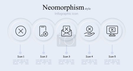 Illustration for Cancel line icon set. Cross, mail, smartphone, monitor, password, verification. Neomorphism style. Vector line icon for Business - Royalty Free Image