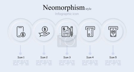 Banking line icon set. Smartphone, dollar, coin, cryptocurrency, contract, agreement, ATM. Neomorphism style. Vector line icon for Business