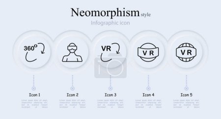 Virtual-Reality-Zeilensymbole gesetzt. VR-Helm, 360 Grad, Technologie, Volumen, dritter Raum, Computerspiele. Neomorphismus. Vektorzeilen-Symbol für Unternehmen