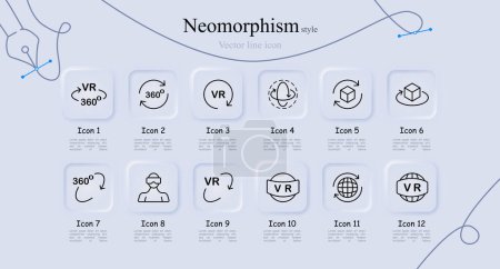 Virtual reality line icon set. VR helmet, 360 degrees, technology, volume, third space, computer games. Neomorphism style. Vector line icon for Business