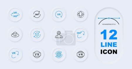 Virtual reality line icon set. VR helmet, Internet, 360 degrees, technology, volume, third space, computer games. Neomorphism style. Vector line icon for Business