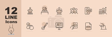 Illustration for Elections line icon set. President, deputy, candidate, ballot, voting, choice, ballot box, people, politics, debate, party. Pastel color background. Vector line icon for Business - Royalty Free Image
