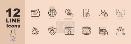 Security line icon set. Internet, antivirus, smartphone, password, hacking, lock, key, server, monitor. Pastel color background. Vector line icon for Business