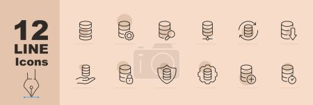 Banking icon set. Coins, hand, settings, gear, shield, search, magnifying glass. Pastel color background. Vector line icon for Business