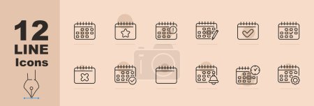 Calendar icon set. Tick, cross, important day, holiday, weekend, reminder. 10 line icon style. Pastel color background. Vector line icon for Business