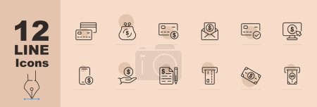 Banking icon set. Credit card, interest, price rise, mail, stocks, bonds, calendar, billboard. Pastel color background. Vector line icon for Business