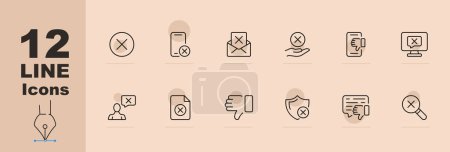 Illustration for Cancel icon set. Message, thumbs down, magnifying glass, prohibition, smartphone, parental control. Pastel color background. Vector line icon for Business - Royalty Free Image