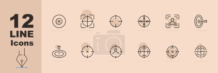 Illustration for Sight icon set. Target, front sight, sniper, aim, optics, gun, shot, shooting, trigger, butt, bullet, rifle, pistol. Pastel color background. Vector line icon for Business - Royalty Free Image