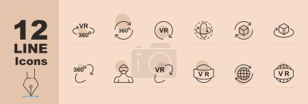 Virtual reality icon set. Horizons, games, VR 360 helmet, scrolling, inspection. Pastel color background. Vector line icon for Business