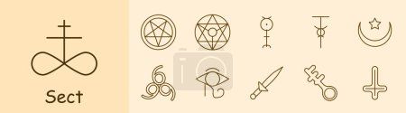 Icône d'ensemble de secte. Pentagramme, Sigle de Baphomet, poignard rituel, sacrifices, croix inversée, Satan, 666, oeil, clé, croissant avec étoile, signe d'infini, adoration, persuasion. Concept de culte.