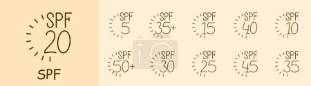 SPF set icon. Sunscreen, indicator, 20, 5, 35, 15, 40, 10, 50, 30, 25, 45, 35, sunburn, caring for appearance, vacation, beach, tanning. Health care concept.