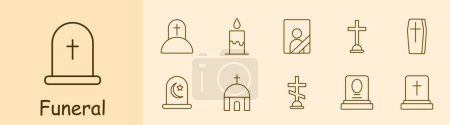 Funeral set icon. Grave, cross, Christianity, faith, burial, mound, candle, flame, portrait, ritual photo on monument, coffin, Turkish funeral traditions, temple, funeral slab. Obsequies concept.