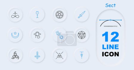 Illustration for Sect set icon. Pentagram, Sigil of Baphomet, ritual dagger, sacrifices, inverted cross, Satan, 666, eye, key, crescent with star, infinity sign, worship, persuasion, neomorphism. Cult concept. - Royalty Free Image