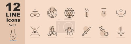 Icono de conjunto de sección. Pentagrama, Sigil of Baphomet, daga ritual, sacrificios, cruz invertida, Satanas, 666, ojo, llave, media luna con estrella, signo de infinito, adoracion, persuasión. Concepto de culto.
