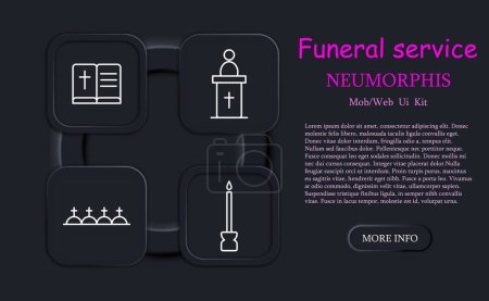 Funeral set icon. Grave, cross, Christianity, faith, burial, mourners, ritual, Bible, candle, rest, preacher, neomorphism, traditions, prayer, inhumation. Obsequies concept.
