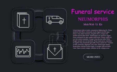 Funeral set icon. Grave, cross, Christianity, faith, burial, book, hearse, car, pulse, letter, ritual, Bible, rest, neomorphism, traditions, prayer, inhumation. Obsequies concept.