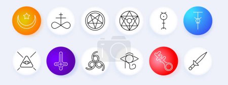 Sect set icon. Pentagram, occultism, Sigil of Baphomet, ritual dagger, sacrifices, inverted cross, Satan, 666, eye, key, crescent moon with star, infinity sign, worship, faith. Cult concept.