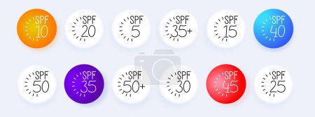 SPF set icon. Protector solar, protección, 20, 5, 35, 15, 40, 10, 50, 30, 25, 45, 35, quemaduras solares, cuidado de la piel, radiación ultravioleta, fotoenvejecimiento, pigmentación, manchas de edad, pecas, arrugas, cáncer de piel, melanoma
