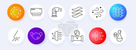 Ventilation icon set. Air conditioner, fan, filter, clean air, waste, dust, germs, evaporation, smell, medical mask, exhaust hood, factory, circulation, hydration, oxygen saturation, disinfection