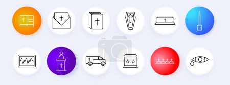 Funeral set icon. Bible, invitation, book, coffin, closed casket, candle, electrocardiogram, preacher, hearse, urn, mourners, crying eye. Funeral and memorial service concept.