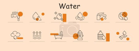 Water set icon. Hydration, purity, conservation, resources, aquatic, sustainability, filtration, H2O, droplets.