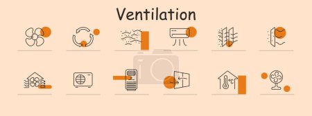 HVAC system set icon. Air filter, fan, air conditioner, ventilation, thermostat, heat exchanger, air purification, airflow. Climate control, home comfort, air quality concept.